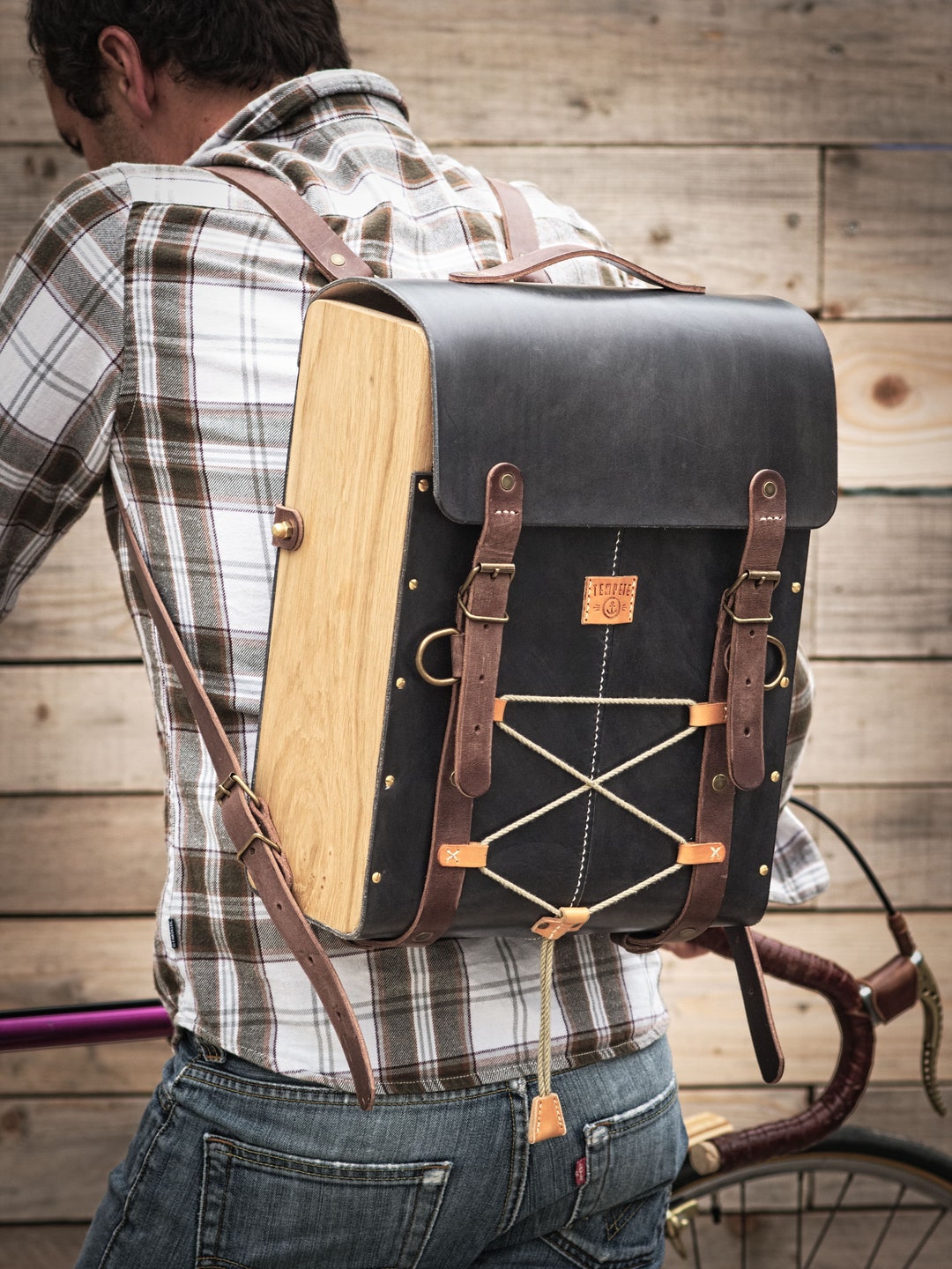 Leather and Wood Backpack. Bike Bag Leather and Wood. Vegetable Tanned ...