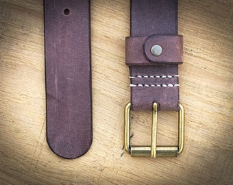 Leather belt, chocolate color, robust, brass buckle, made in France. Men's leather belt. Vegetanned leather.