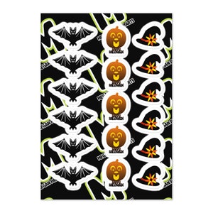 Feuille d'autocollants Petites chauves-souris d'Halloween, citrouilles et chapeaux de sorcière