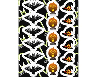 Sticker sheet of Small Halloween Bats, pumpkins and witches’ hats