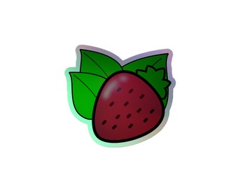 Holographic Sticker of a Brightly Colored Stylized Cartoon Starwberry with Leaves