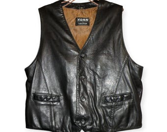 Vintage men's black leather vest, 90-s Yorn genuine leather motorcycle man's clothes
