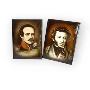 Vintage Pushkin Lermontov portraits, set of 2 photoportarits of Russian poets Alexander Pushkin and Mikhail Lermontov, Russian library decor