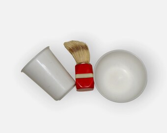 Vintage Shaving Set, Soviet red shaving brush and white mugs, retro barber accessory, 80-s Shaving kit, retro bathroom decor