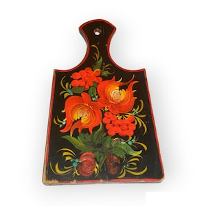 Vintage Black Cutting Board Handpainted with Red Floral pattern, farmhouse Decorative kitchen board, shabby country kitchen decor