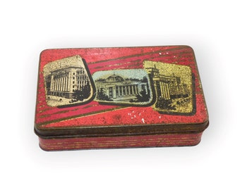 Vintage Red Tin Soviet, rare 1950s candy red tin box, Retro metal box, Collectible old tin, Ukrainian Kyiv memorabilia