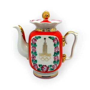 Soviet Porcelain Handpainted Teapot, 1980 Moscow Olympics Collectible