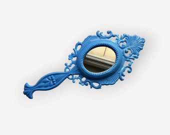 Vintage Hand Mirror in Blue Frame , Blue plastic handled openwork mirror, retro Soviet mirror, 80-s decorative mirror