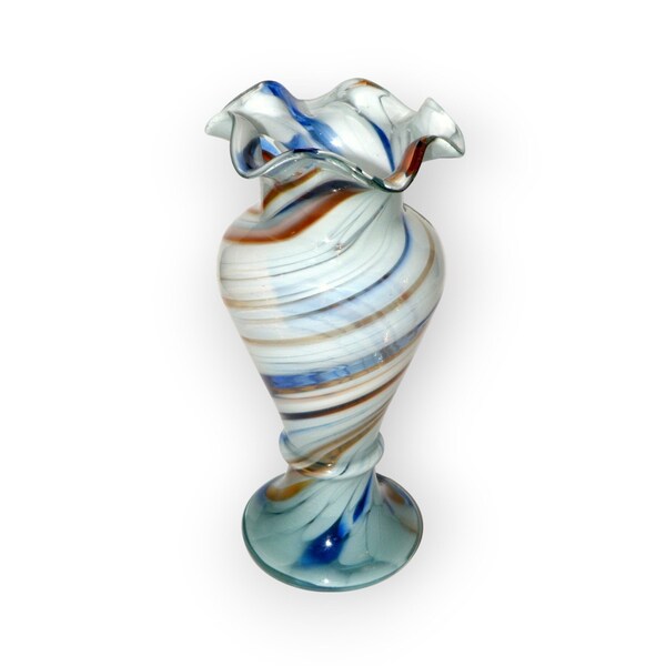 Vintage Murano Glass Vase, 60-s Soviet multiclor fluted ruffled vase, Ukrainian white blue brown glass vase