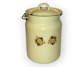 Vintage yellow floral enameled can with wooden handle, retro farmhouse french styled kitchen decor, vintage enamelware