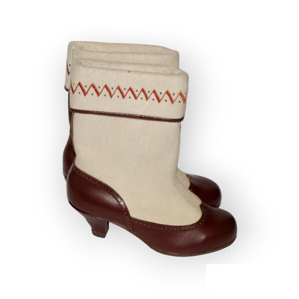 Vintage Felt Boots, women's winter felt and leather boots made in GDR, Soviet white brown felt boots, 60-s collectible and props shoes