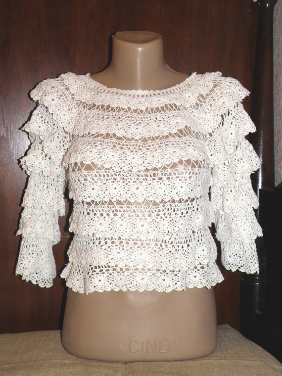 White Crocheted Lace Blouse Size S, Short Blouse w