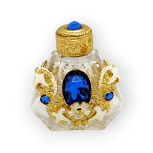 Vintage Czech Miniature Perfume Bottle: Golden Filigree, Blue Rhinestones