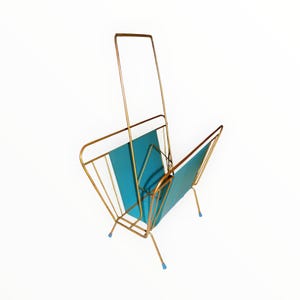 Mid-Century Magazine Rack: Turquoise Blue & Golden Metal Retro Decor
