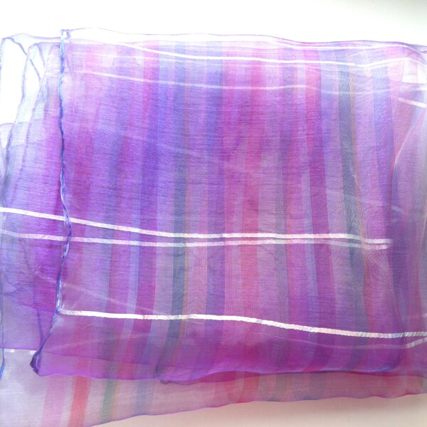 Vintage Purple Sheer Scarf Long Nylon with shiny white stripes 63" long 20" width, retro spring summer women's accessories, gift for her