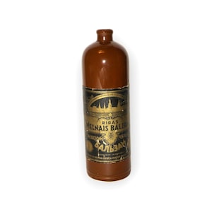 Vintage Riga&#39;s Balsam ceramic bottle, collectible Latvian pottery bottle with label, 60-s ceramic decanter, rustic high clay vase