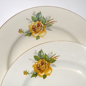 May include: Two off-white ceramic plates with a yellow rose and green leaf design. The plates have a gold trim around the edge. The floral pattern is centered on the plate. The plates are stacked on top of each other.