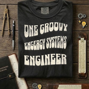 May include: A dark gray t-shirt with the text "ONE GROOVY ENERGY SYSTEMS ENGINEER" in a white, retro font. The shirt is laid flat on a wooden surface, surrounded by engineering tools and accessories, including a slide rule and a compass.