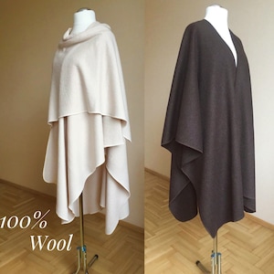 100% Wool Shawl Wrap Handmade Wool Ruana Cape Natural Warm Winter