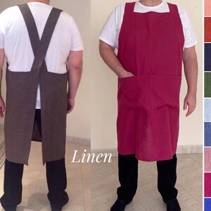 May include: Two people wearing linen aprons. The apron on the left has criss-cross straps and is brown. The apron on the right has a single strap and is pink. The word "Linen" is written in white on a black background in the center of the image. A color chart of different linen colors is on the right side of the image.