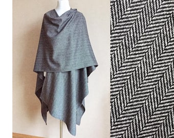 Herringbone Wool Ruana Shawl Grey Wool Poncho Plus size Cape Oversized Wool Shawl