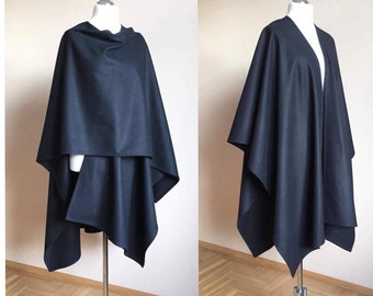 Wool Dark Navy Ruana Wrap Shawl Regular and Plus size