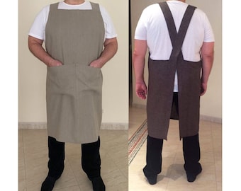 Linen apron XS to 5XL  Plus Size Japanese Pinafore Linen Apron Cross Back Men's Linen Apron