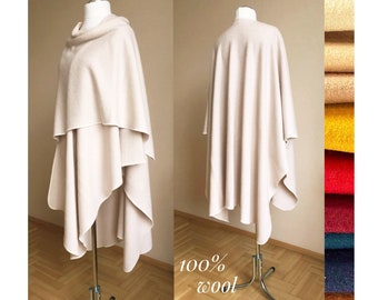 100% Wool Wrap Shawl Plus size Wool Ruana Cape Handmade