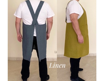 Linen Apron XS to 5XL Japanese apron linen Cross back No ties apron