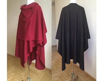 WOOL Ruana Wrap Plus size Shawl Cape Black Wool Ruana
