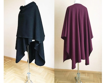 Black Wool Shawl Plus size Wool Ruana Wrap Oversized Wool Coat