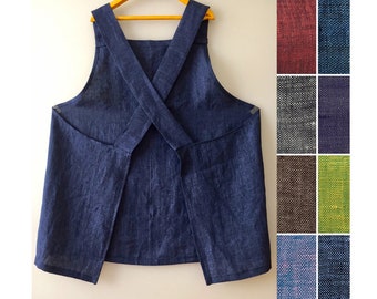 Delantal de lino XS a 5XL Delantal japonés de lino Delantal con espalda cruzada Sin lazos Delantal de lino para jardín Tallas grandes