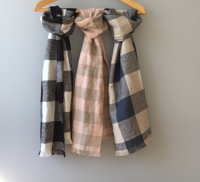 Linen Scarf Plaid Linen Neck Scarf Small Skinny Linen Scarf Etsy