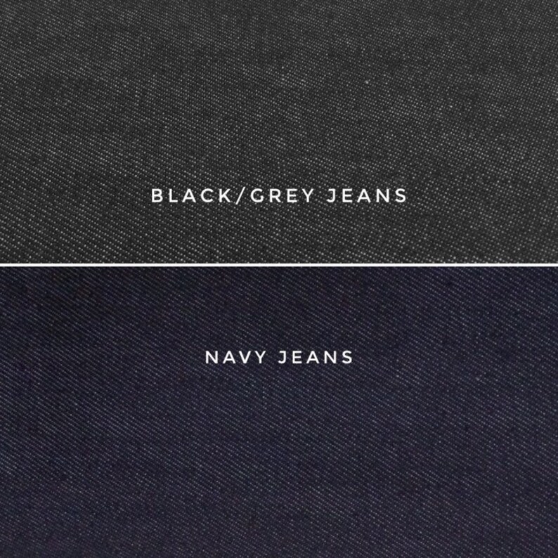 Puede incluir: Primer plano de dos muestras de tejido vaquero. La muestra superior es un vaquero gris oscuro con el texto "BLACK/GREY JEANS". La muestra inferior es un vaquero azul oscuro con el texto "NAVY JEANS".