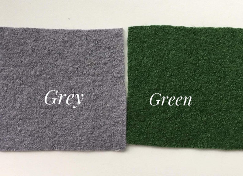 May include: Two fabric swatches, one grey and one green. The swatches are labeled "Grey" and "Green".