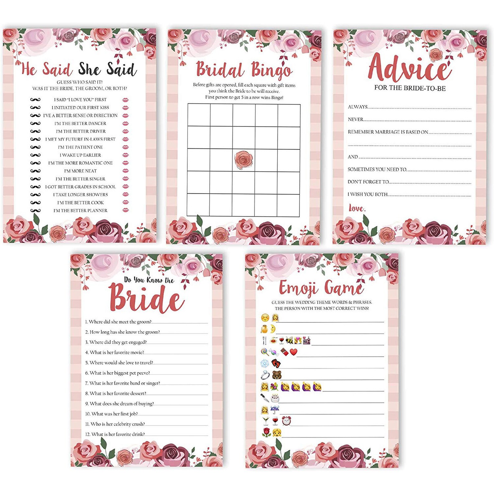 Set of 5 Activities for 50 Guests Bridal Shower Games Etsy