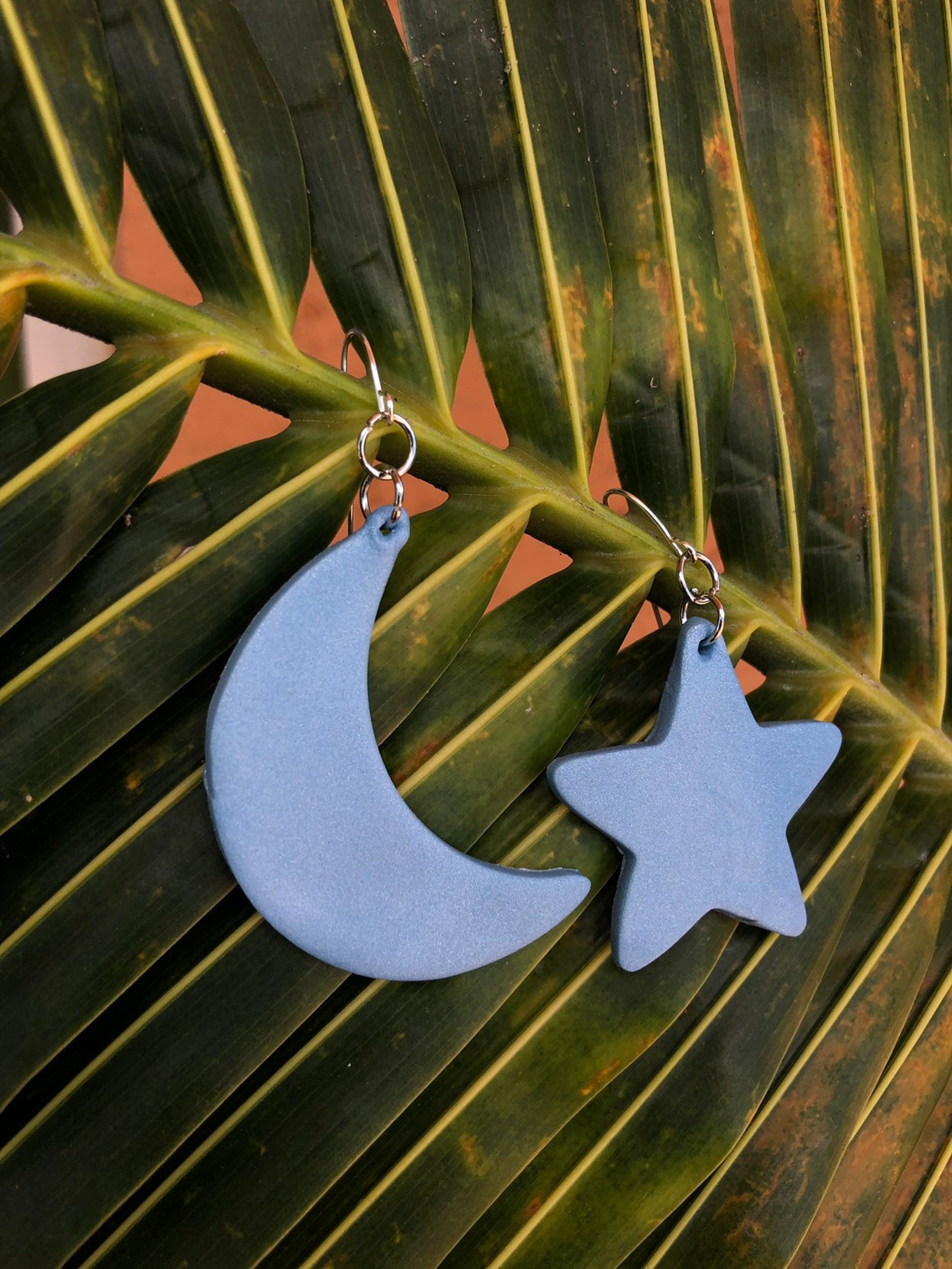 Moon and Star Earrings Polymer Clay Earrings Blue Shiny Etsy