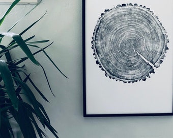 Oak Tree Ring Print from Minnesota, Original Woodblock print made from an Oak tree. Printed by hand on 24x36 inch paper. Signed