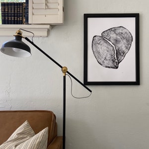 May include: A black and white print of a tree trunk cross section with rings, framed in a black frame, hanging on a white wall. A black floor lamp with a gold accent is in the foreground.