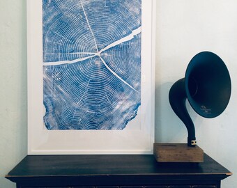 Blue Tree Ring Print: Original Woodblock Art, 24x36 Signed