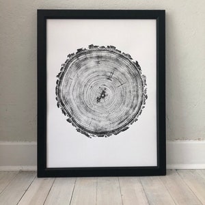 May include: Black and white print of a tree ring cross section in a black frame.