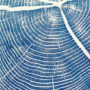 Blue Woodblock Print, Huge wall art, oversized wall art, Blue wall art, locust tree, large tree stump, living room art image 6