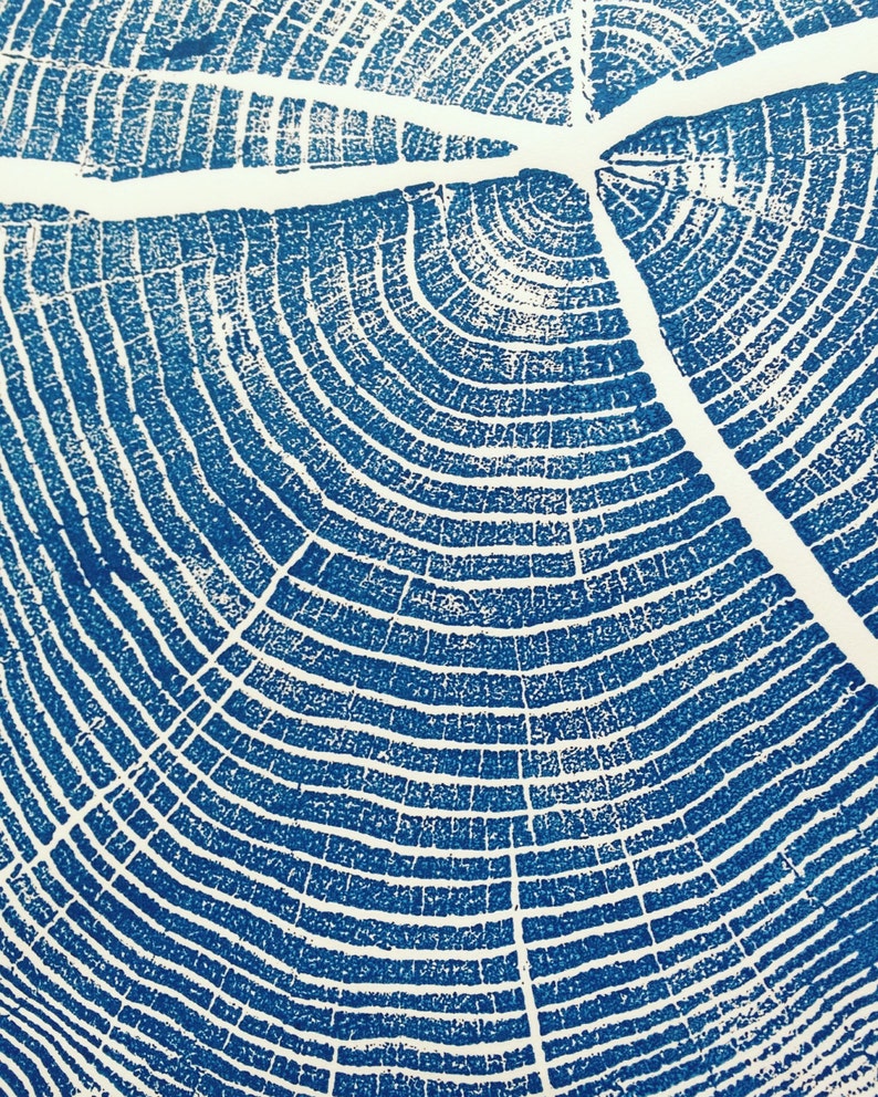 Blue Woodblock Print, Huge wall art, oversized wall art, Blue wall art, locust tree, large tree stump, living room art image 6