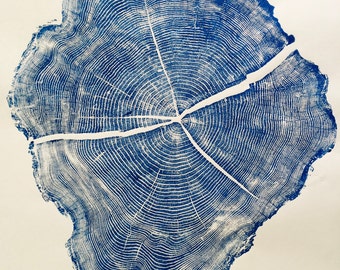 Blue Woodblock Print, Huge wall art, oversized wall art, Blue wall art, locust tree, large tree stump, living room art