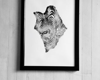 Wyoming art print, Yellowstone, Tree ring art Print, Woodcut Art, Tree ring art print, Real tree print, woodcut art, Yellowstone art