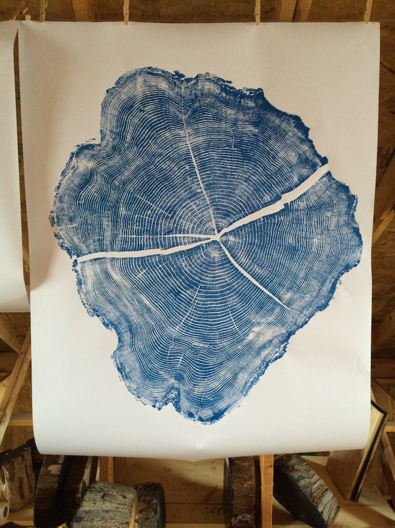 Blue Woodblock Print, Huge wall art, oversized wall art, Blue wall art, locust tree, large tree stump, living room art image 4