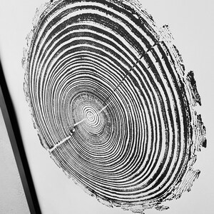 Peut inclure: Impression en noir et blanc d'une coupe transversale de tronc d'arbre montrant les anneaux. Les anneaux sont des cercles concentriques qui deviennent plus petits à mesure qu'ils se rapprochent du centre de l'image. L'impression est sur un fond blanc.