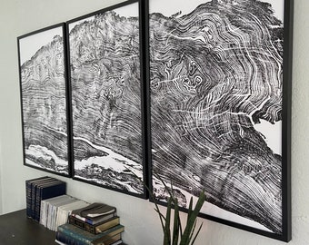 Redwood Burl, Tree rings print, Woodcut print, Biology Gifts, Set of three 24x36 inch prints