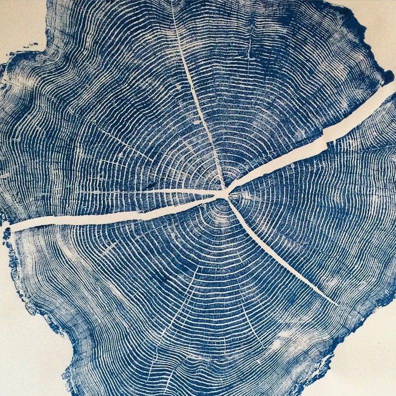 Blue Woodblock Print, Huge wall art, oversized wall art, Blue wall art, locust tree, large tree stump, living room art image 3