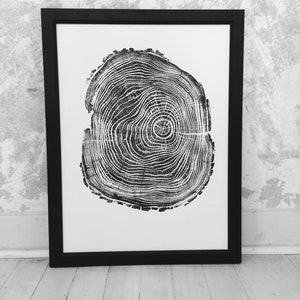 May include: Black and white print of a tree ring cross section in a black frame.